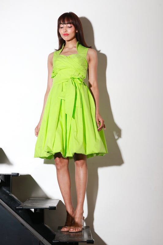 Neon green A line flared dress with waist tie-up.