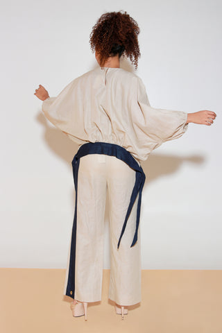 Ecru and blue co-Ord set in pure linen with tie-up gathers detailing with balloon sleeves top