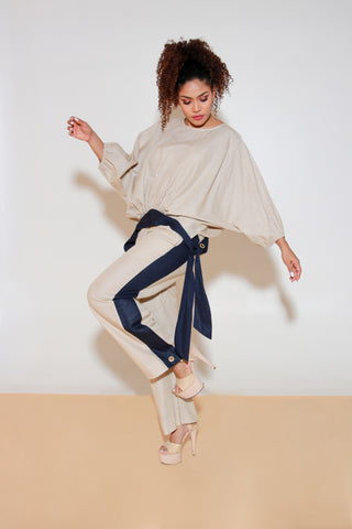 Ecru and blue co-Ord set in pure linen with tie-up gathers detailing with balloon sleeves top