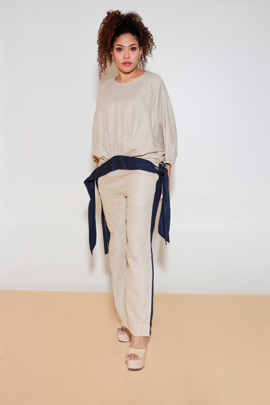 Ecru and blue co-Ord set in pure linen with tie-up gathers detailing with balloon sleeves top