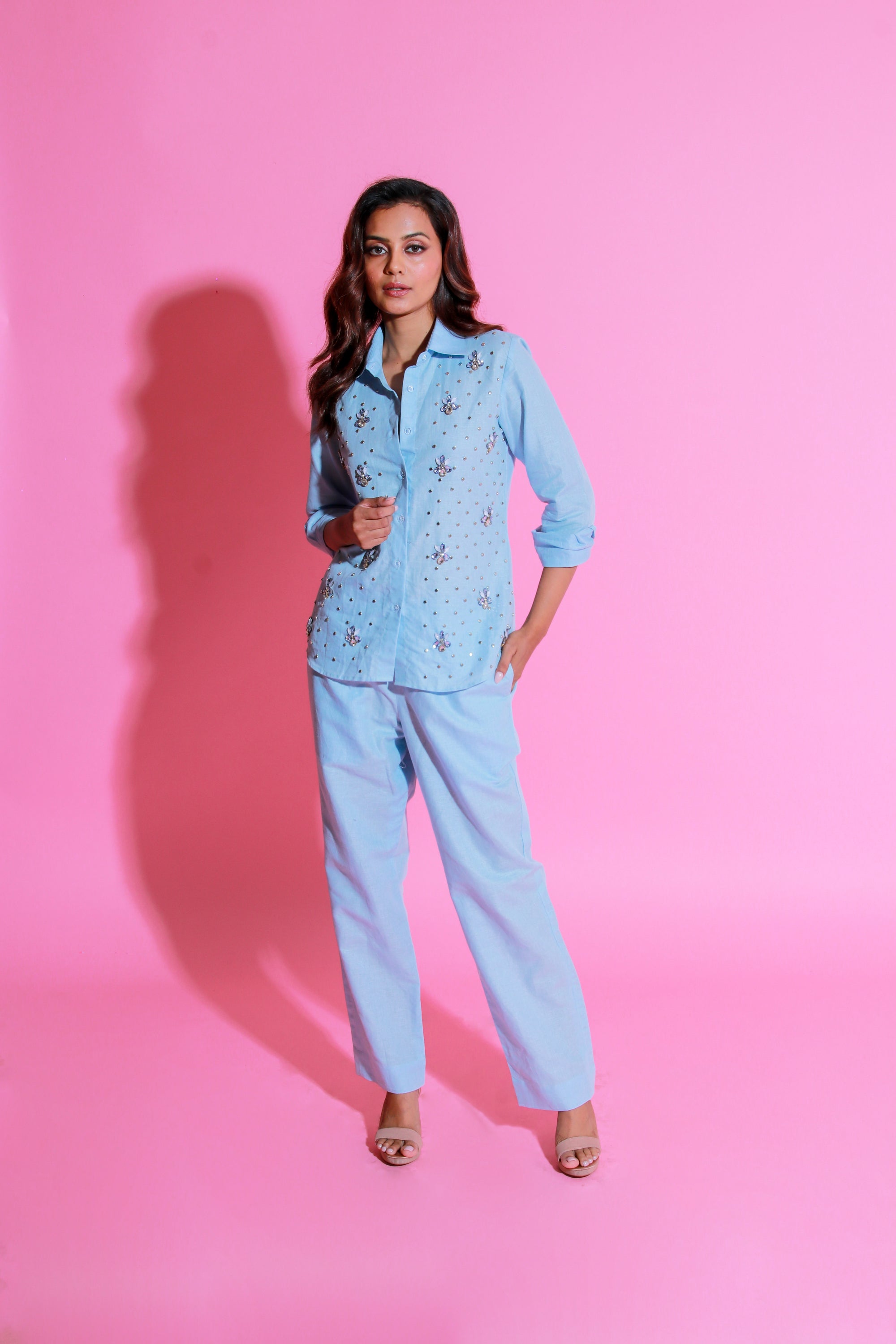 Light blue co-ord set in pure linen with stone embellishment on shirt.