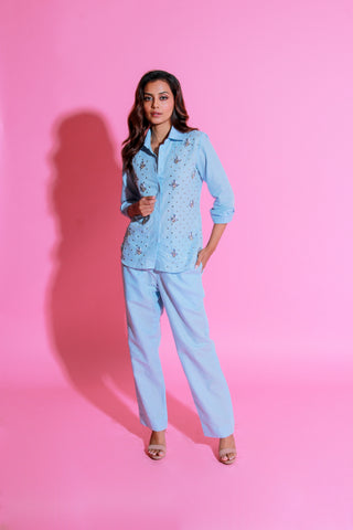 Light blue co-ord set in pure linen with stone embellishment on shirt.