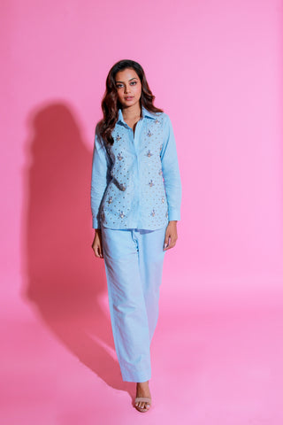 Light blue co-ord set in pure linen with stone embellishment on shirt.