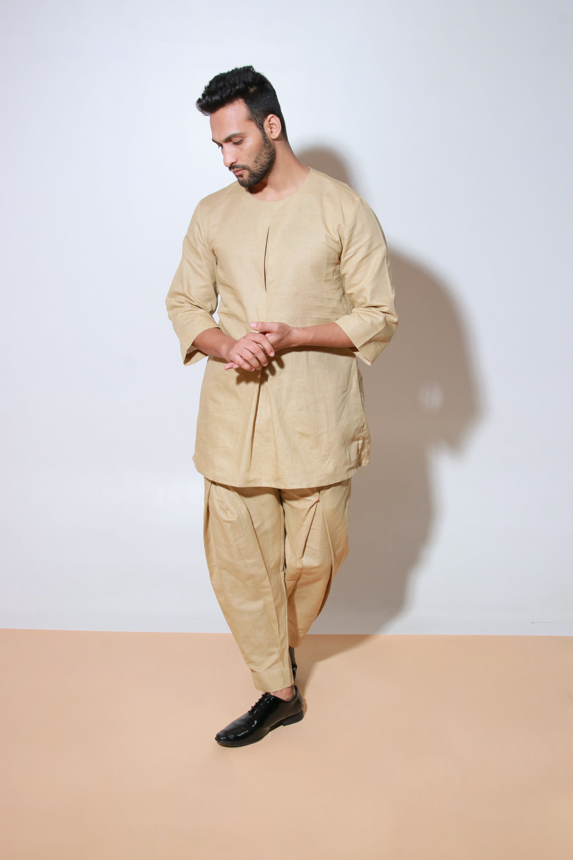 Beige co-ord set with pleats feature