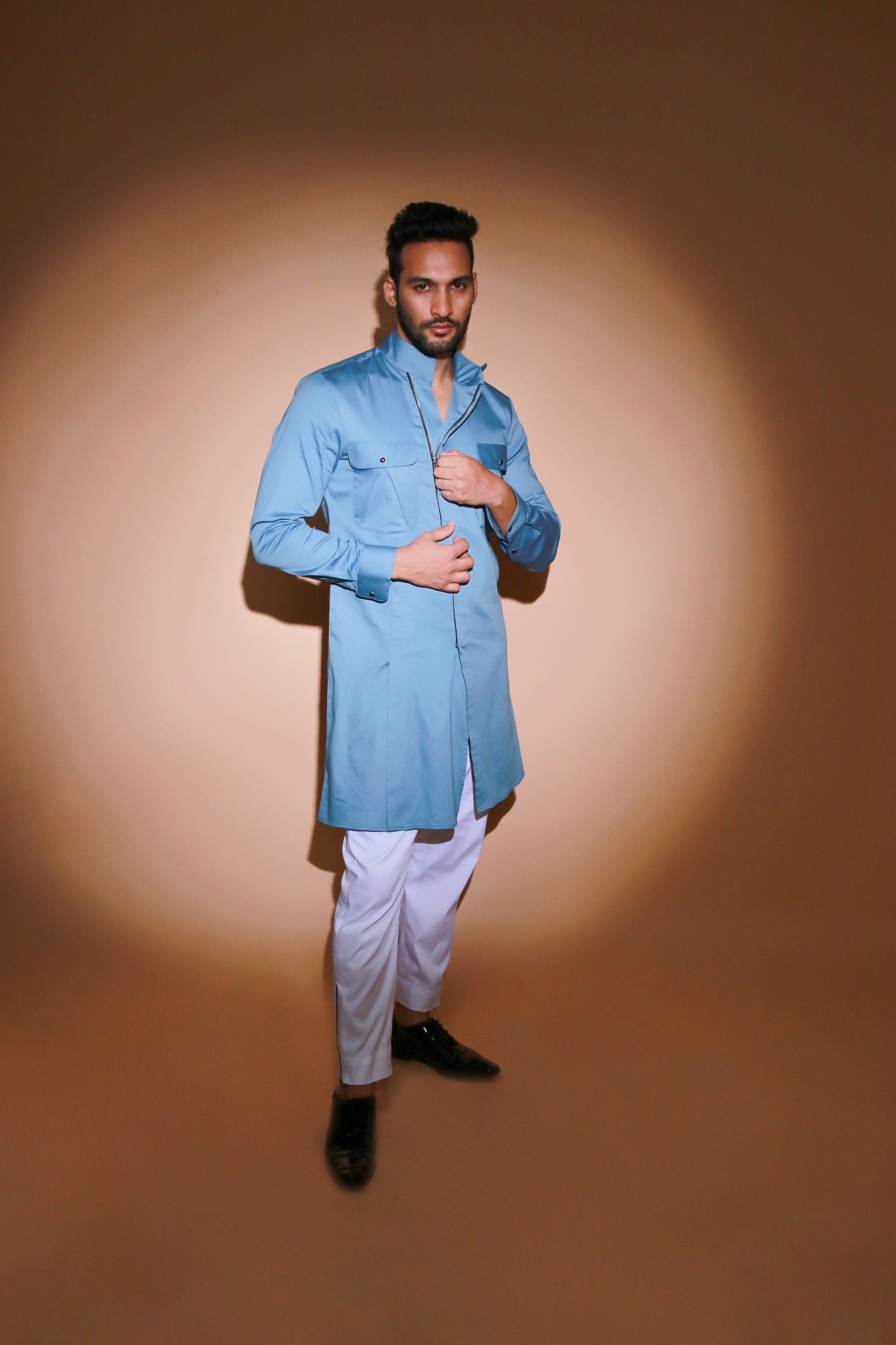 Slate blue co-ord set with zipper feature trouser