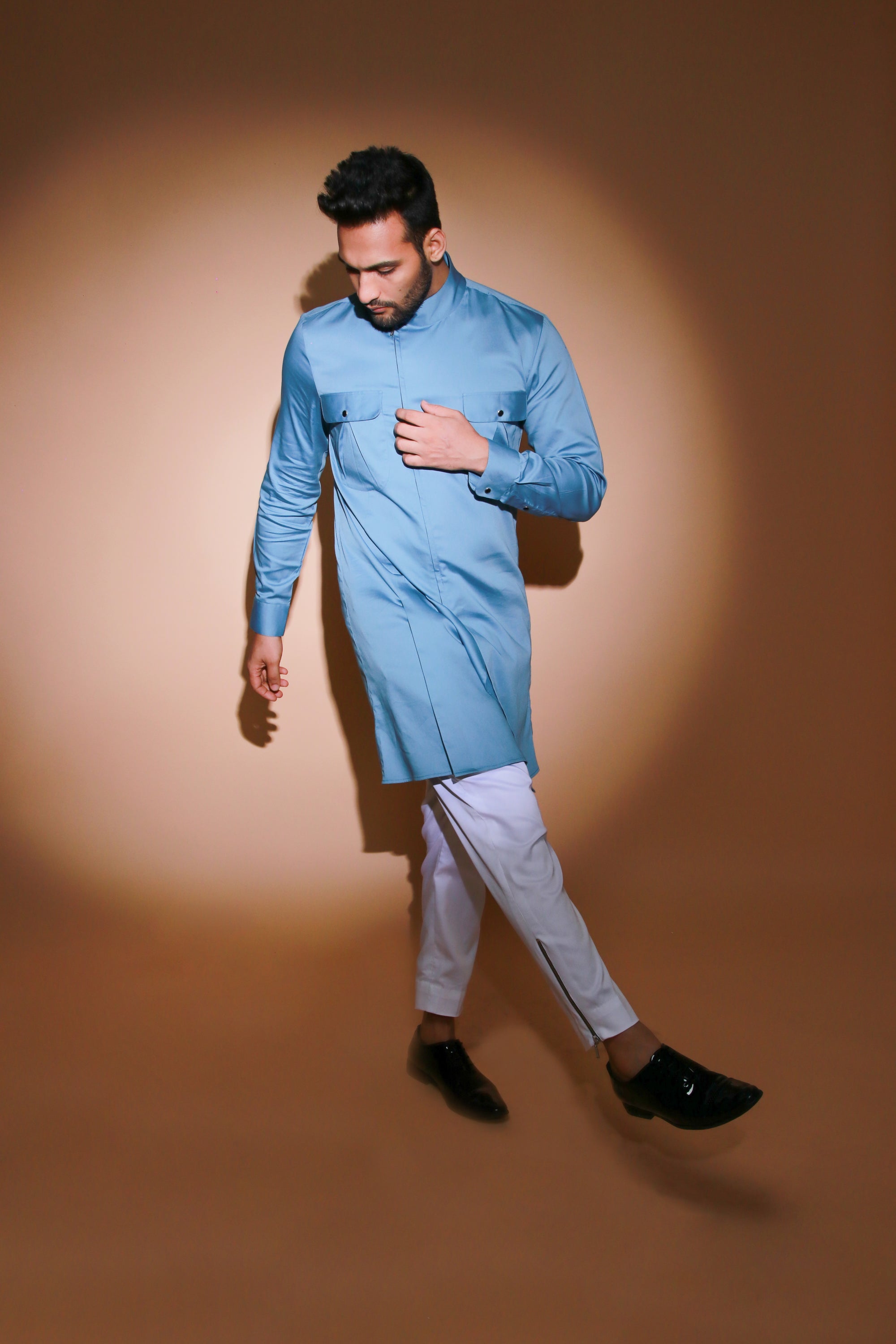 Slate blue co-ord set with zipper feature trouser