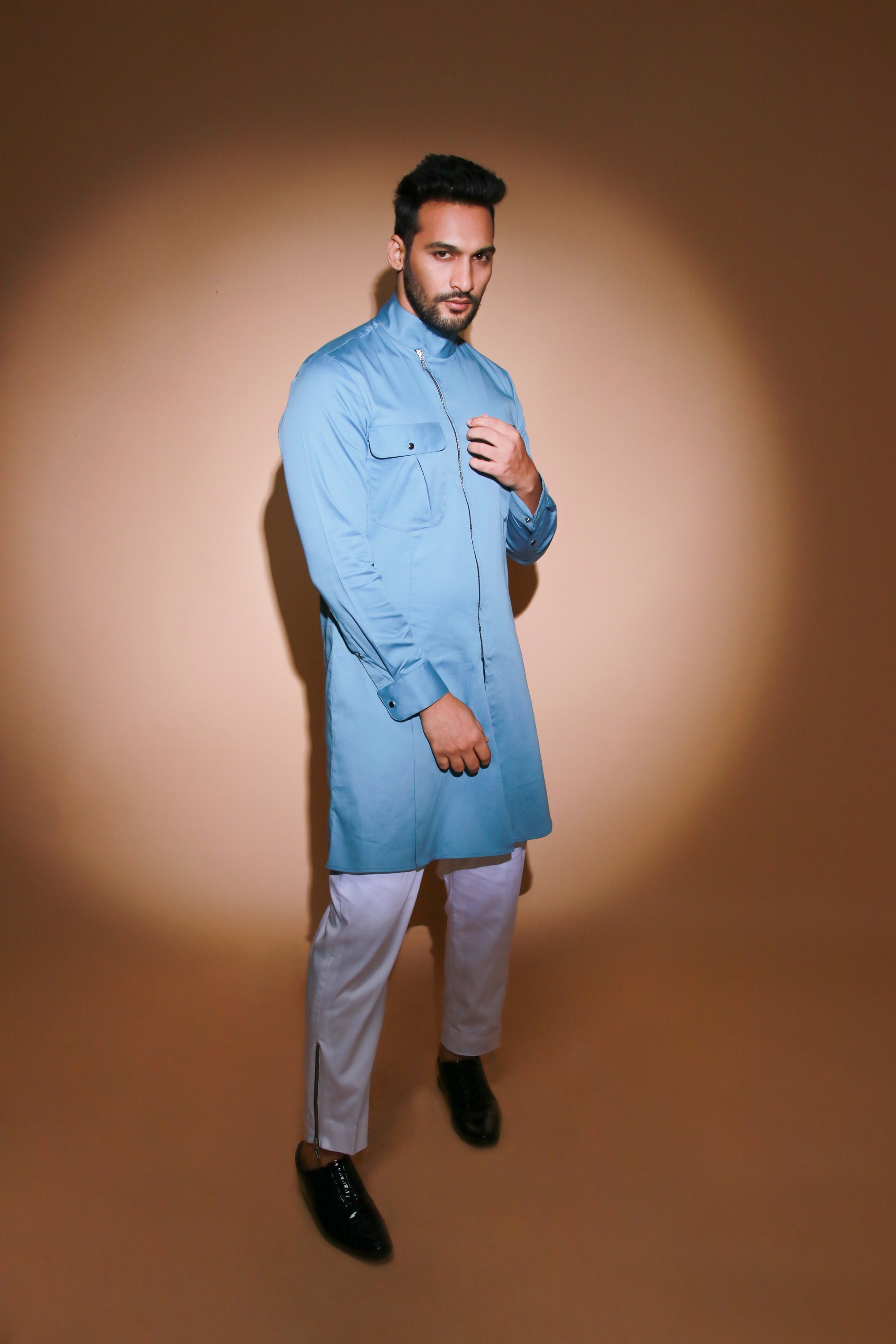 Slate blue co-ord set with zipper feature trouser