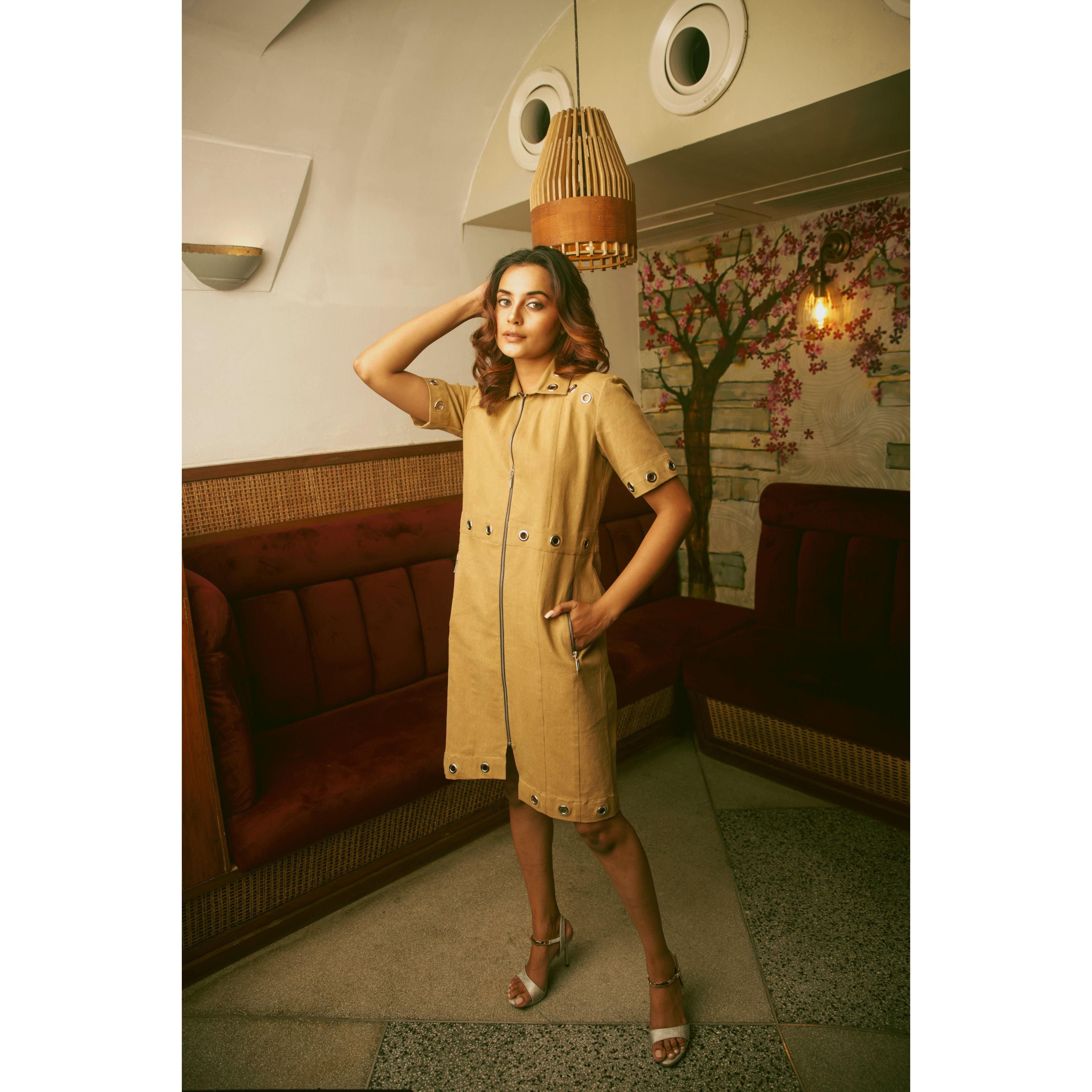 Denim dress with zipper and eyelet detailing