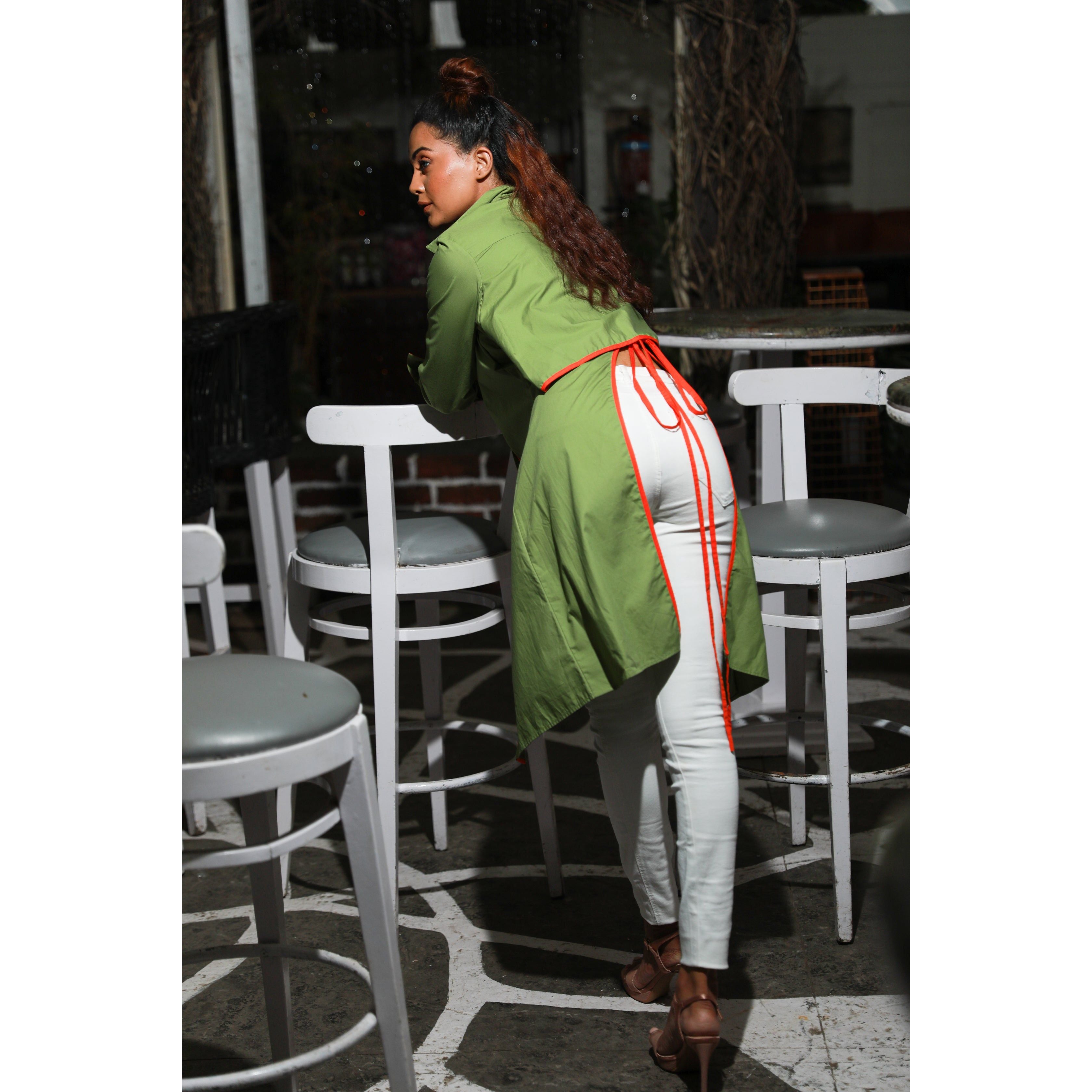 Moss green and coral shirt dress features a tie-up detailing at the back.