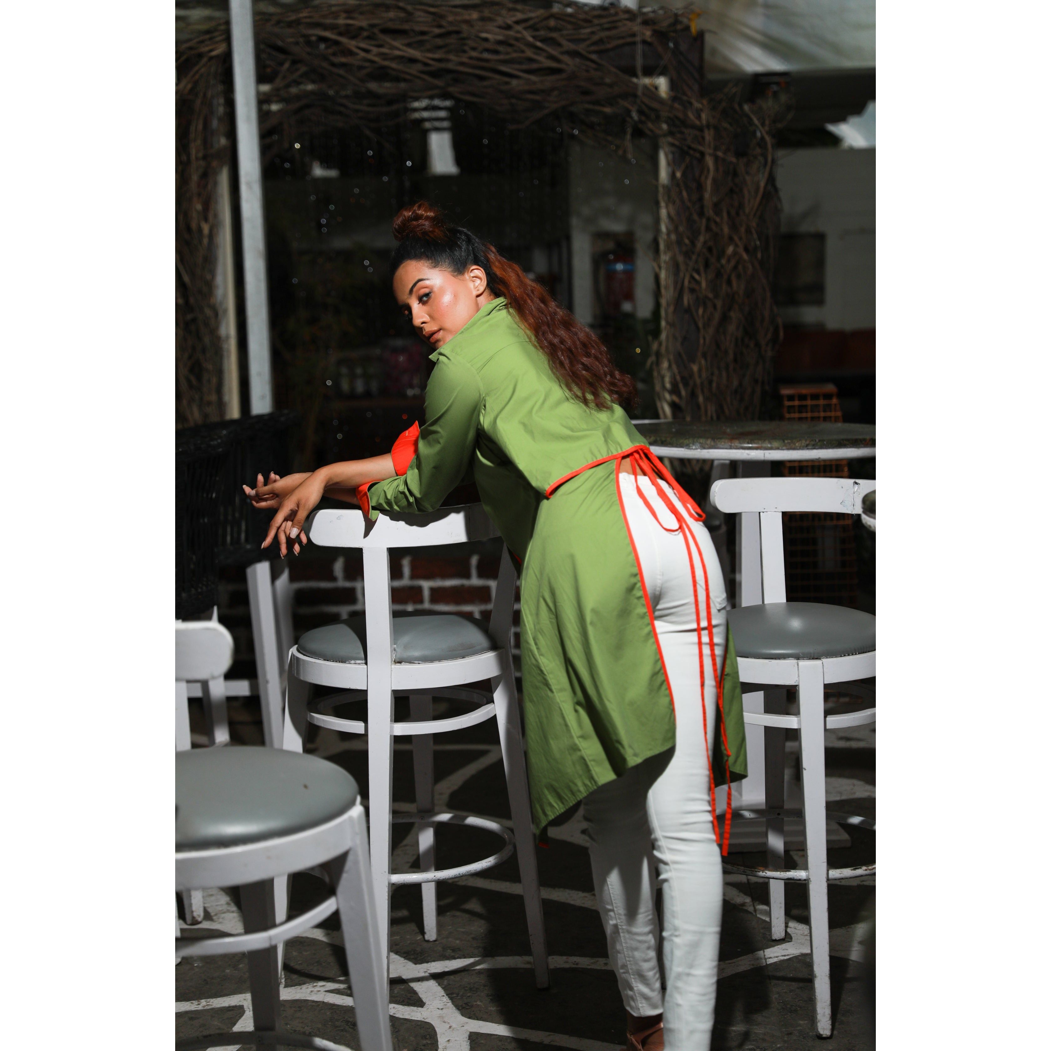 Moss green and coral shirt dress features a tie-up detailing at the back.