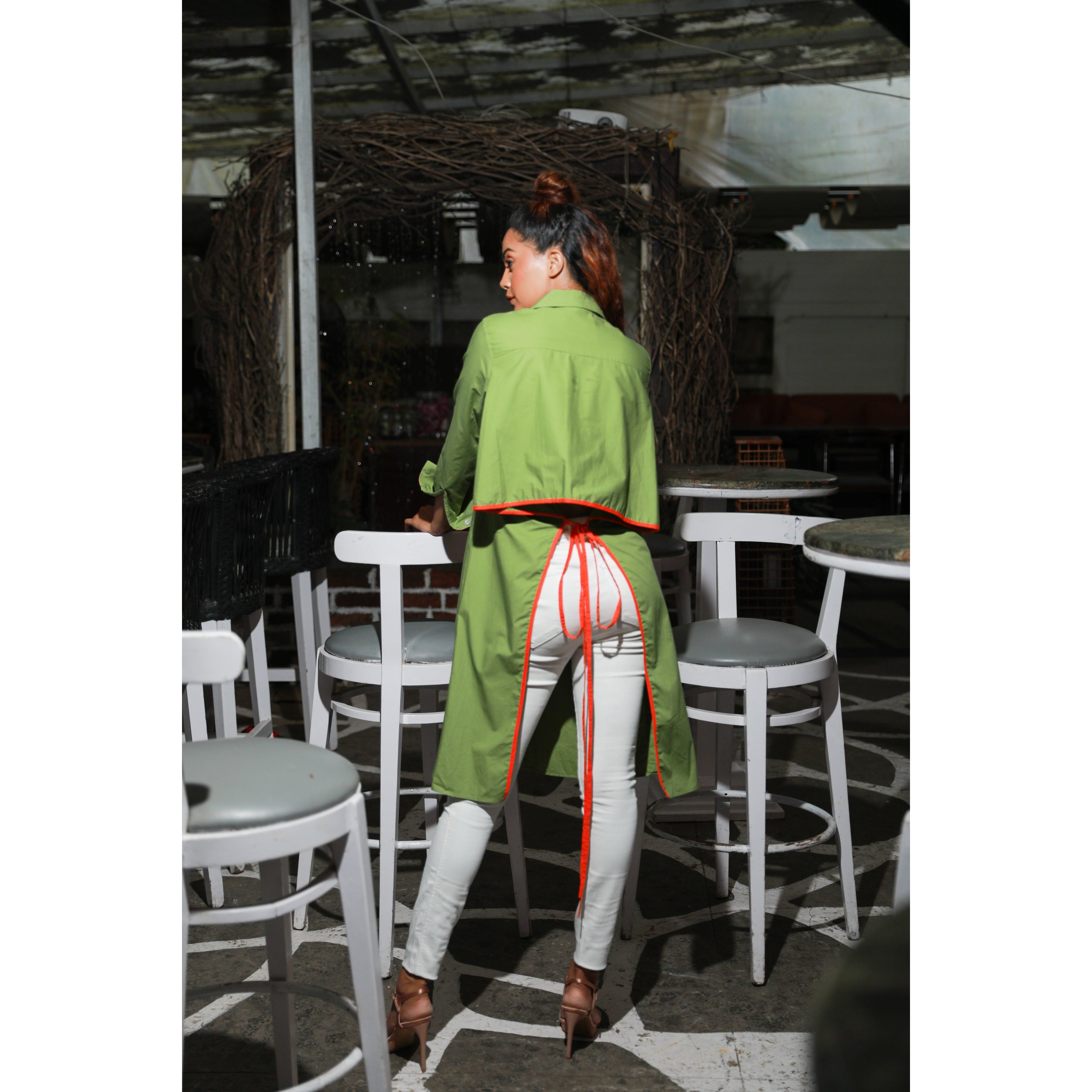 Moss green and coral shirt dress features a tie-up detailing at the back.