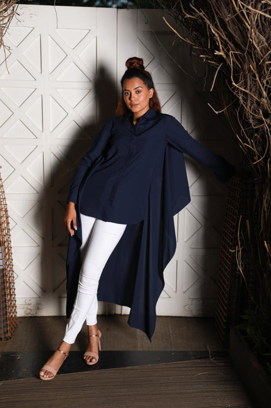 Asymmetric blue shirt features an extended back and full sleeves.