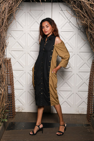 Two-toned  shirt dress features khaki and black vertical panels with cold shoulders.