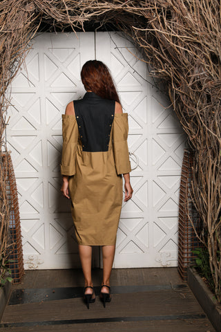 Two-toned  shirt dress features khaki and black vertical panels with cold shoulders.