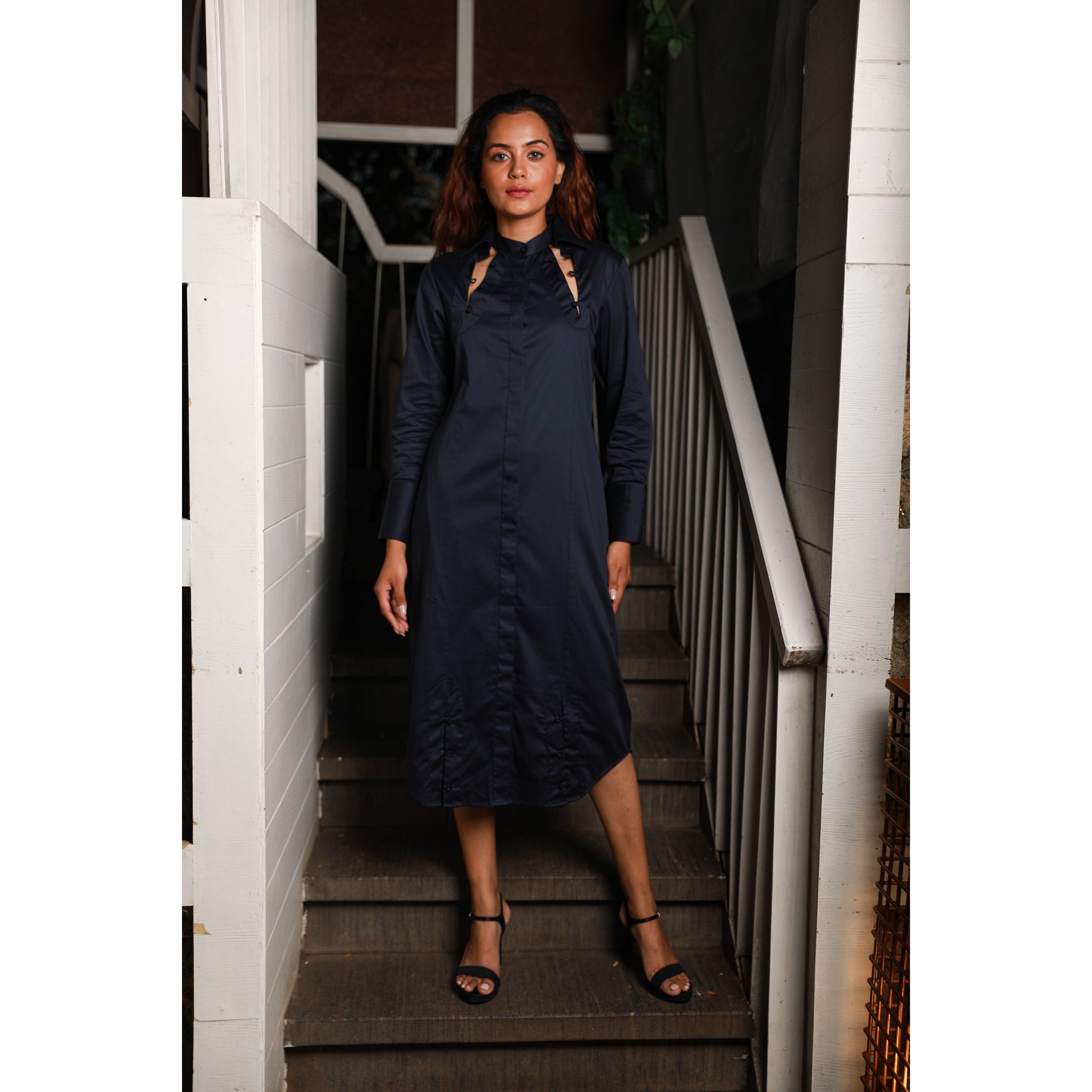 Open shoulder collar shirt dress