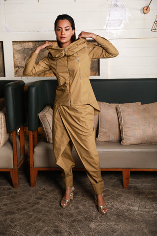 Khaki co-ord set features gold zipper detailing and cross over pants with cuffed hem.