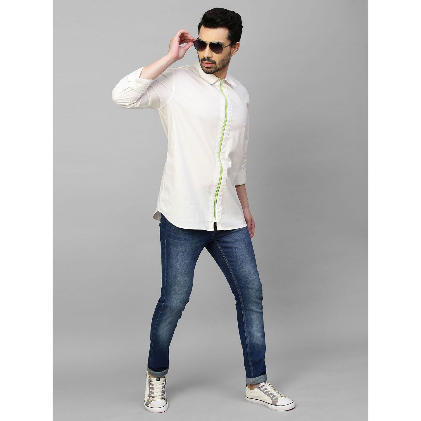 Embellished white shirt with zip