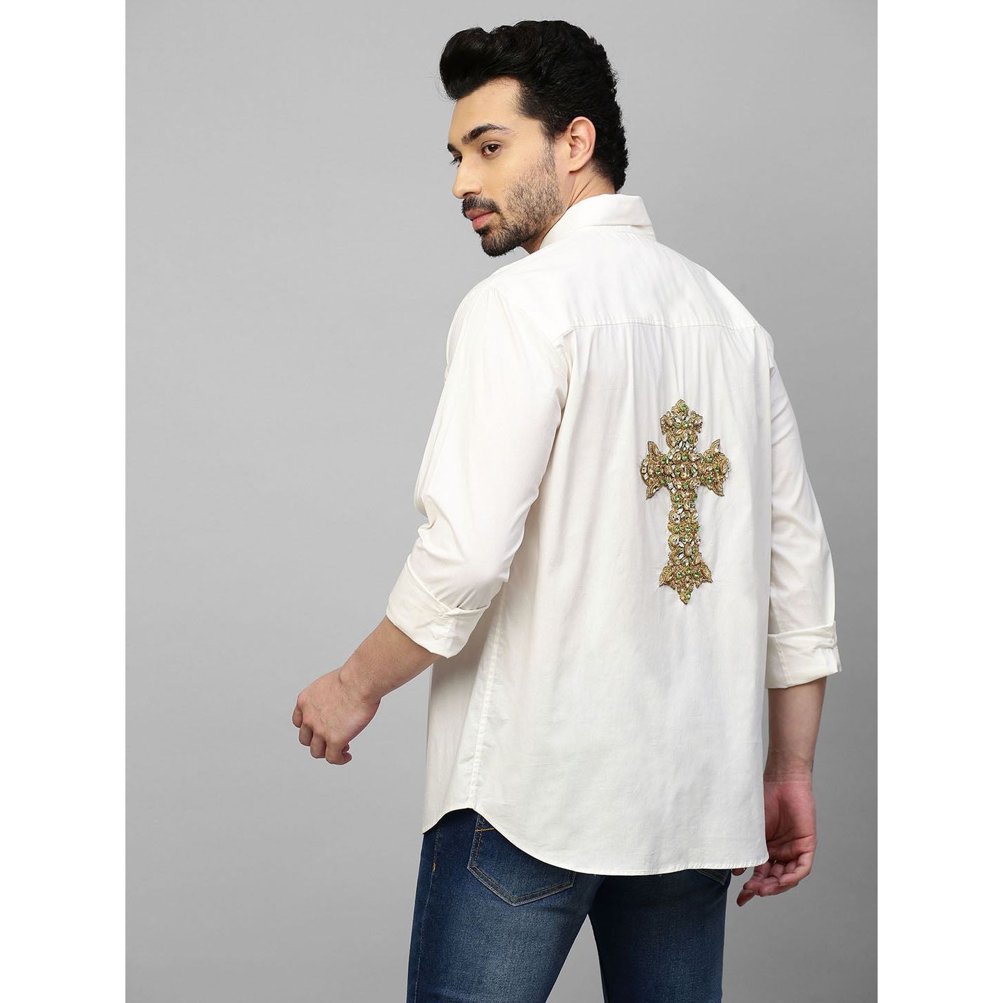 Embellished white shirt with zip