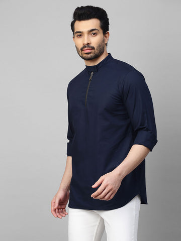 Blue mandarin collar shirt with half zipper detailing.