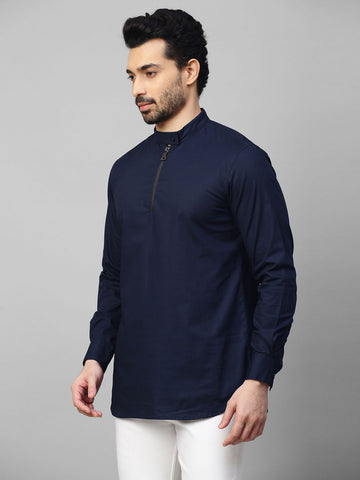 Blue mandarin collar shirt with half zipper detailing.