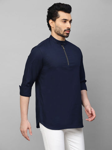 Blue mandarin collar shirt with half zipper detailing.