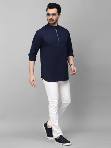 Blue mandarin collar shirt with half zipper detailing.