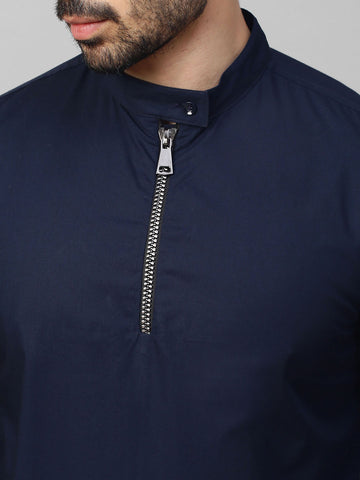 Blue mandarin collar shirt with half zipper detailing.