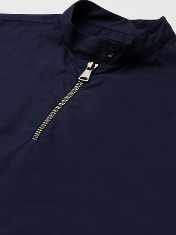 Blue mandarin collar shirt with half zipper detailing.