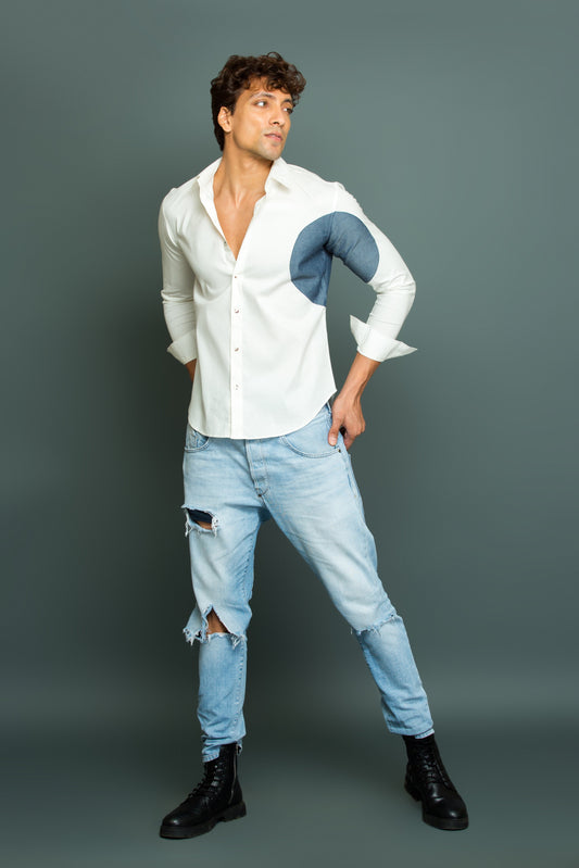 White shirt with denim round patchwork detailing.