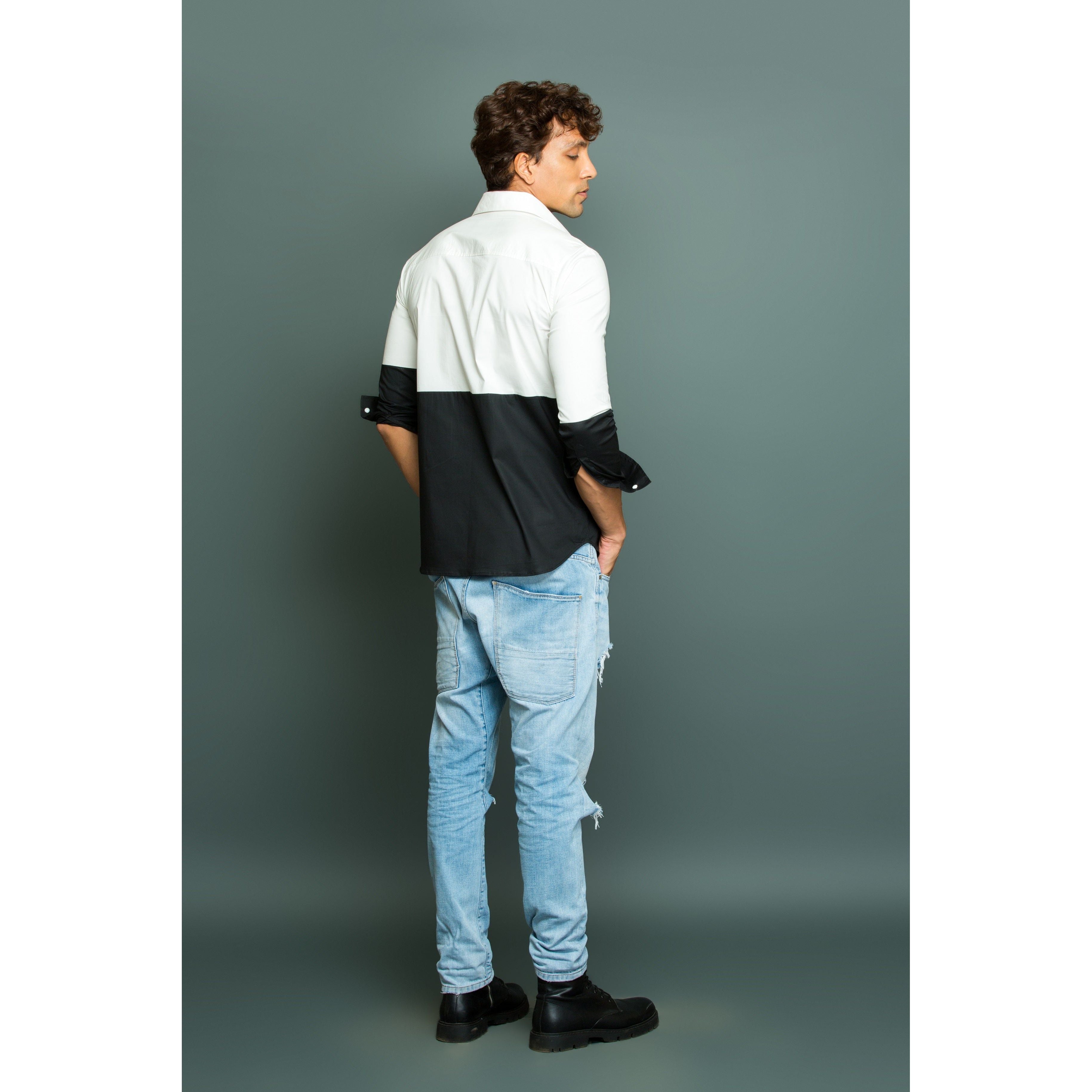 White and Black patch shirt.