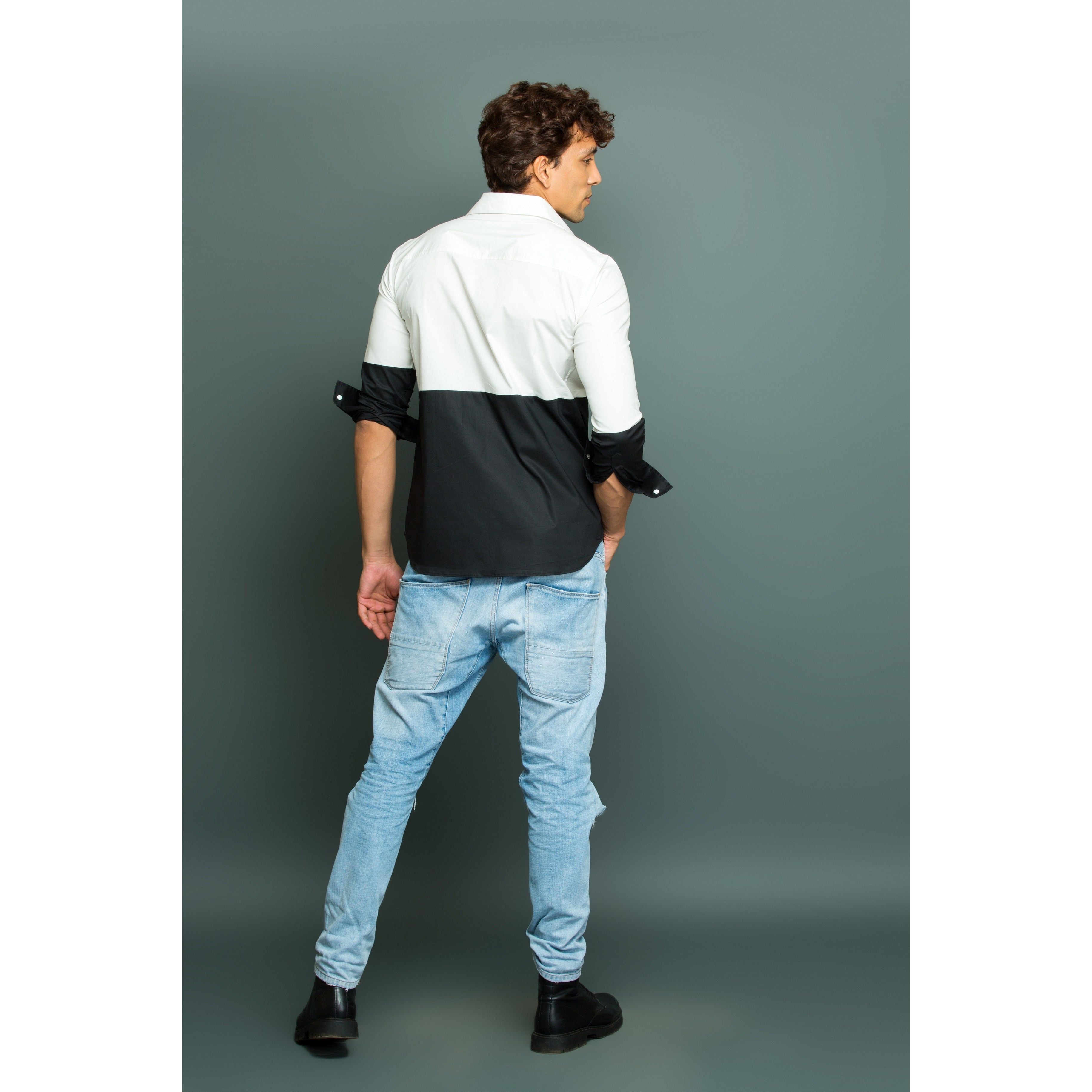 White and Black patch shirt.