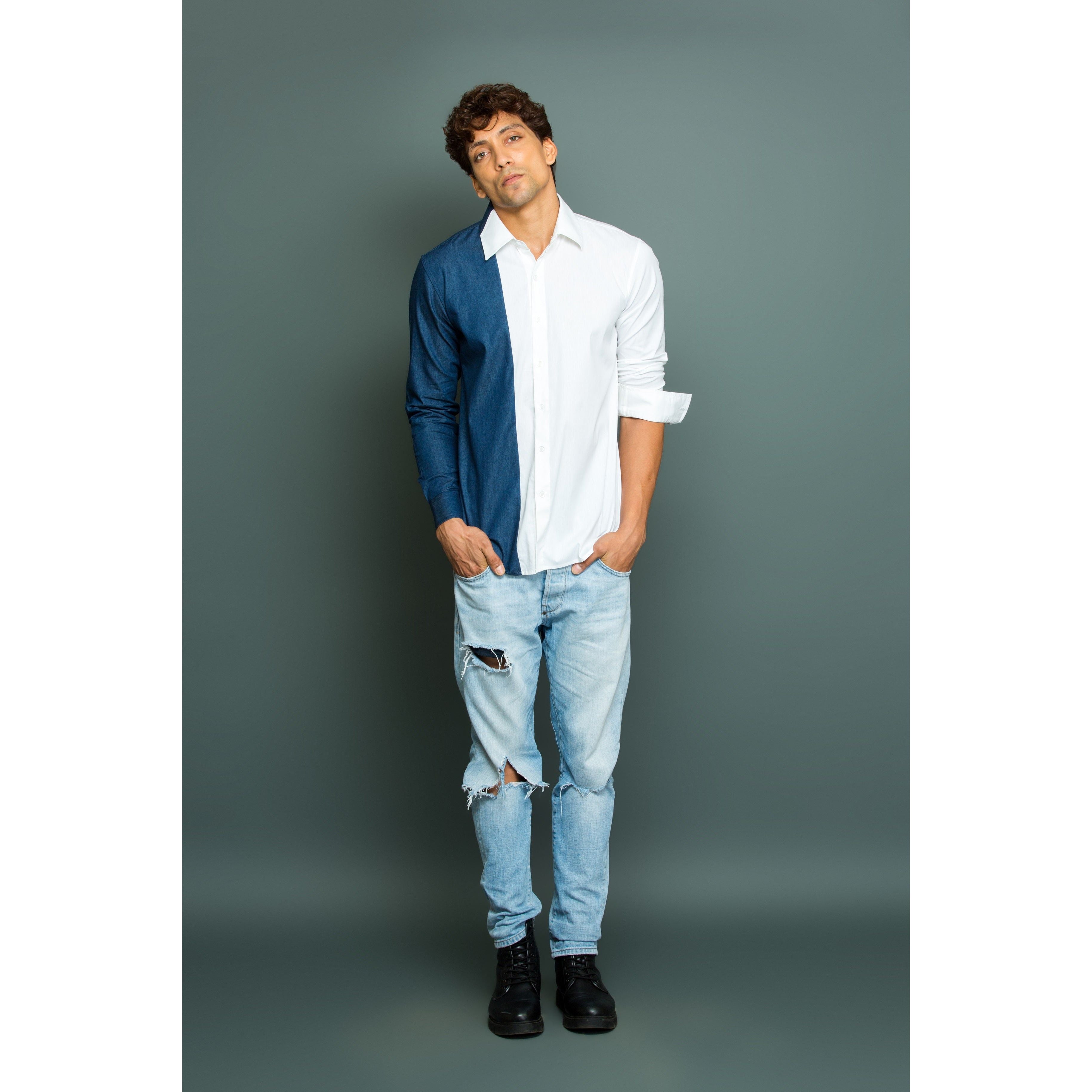 White and Denim patchwork shirt.