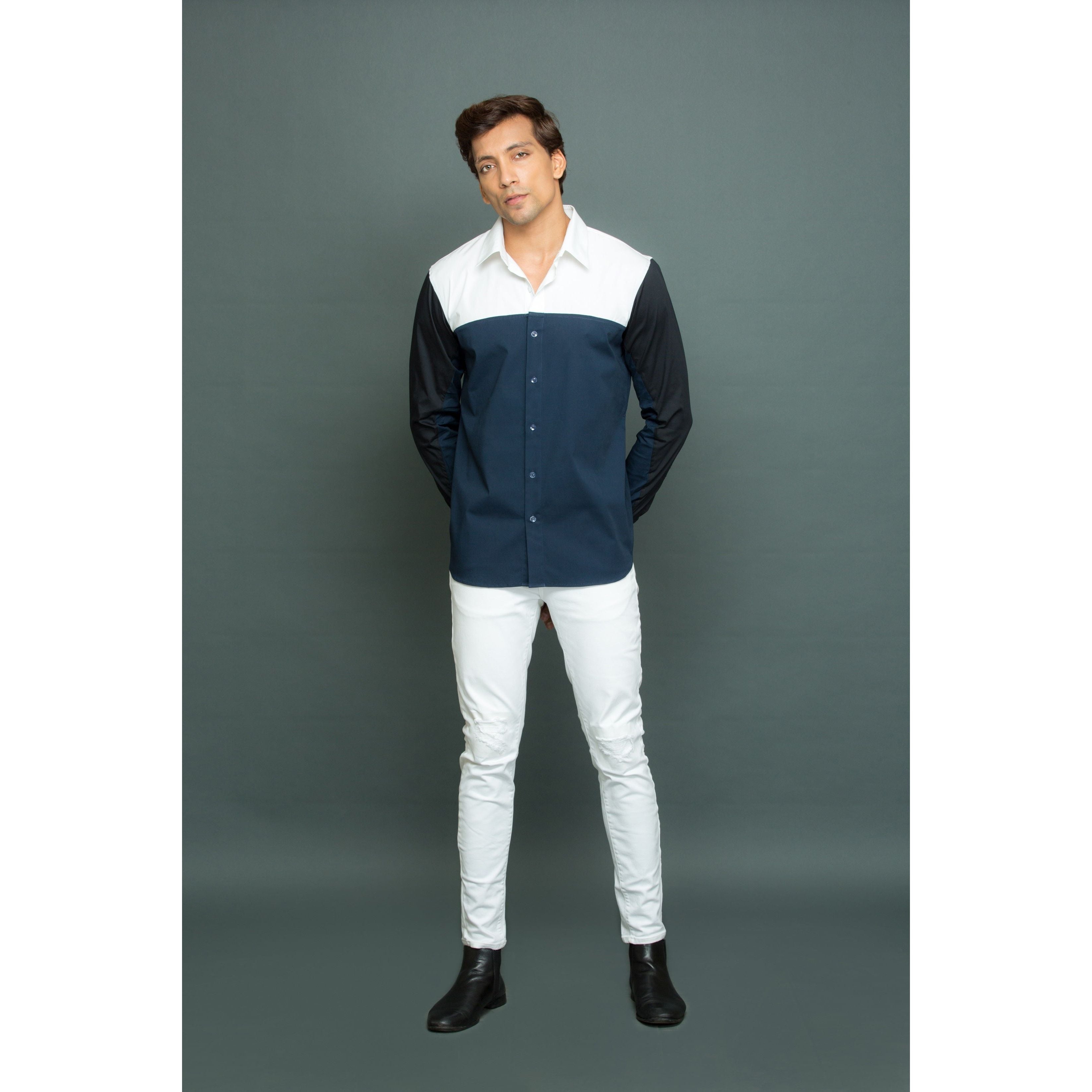 White Blue Black patch work shirt.