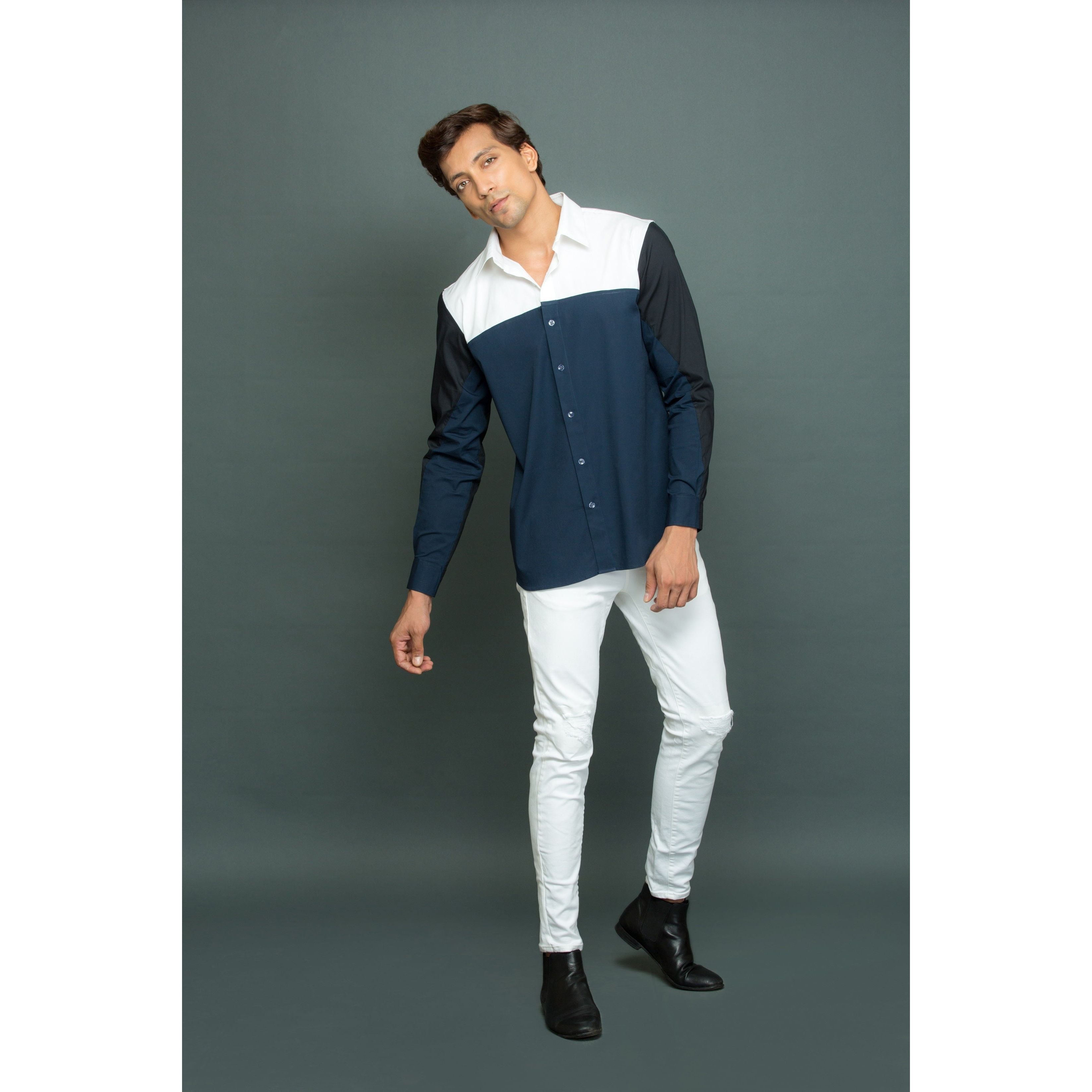 White Blue Black patch work shirt.