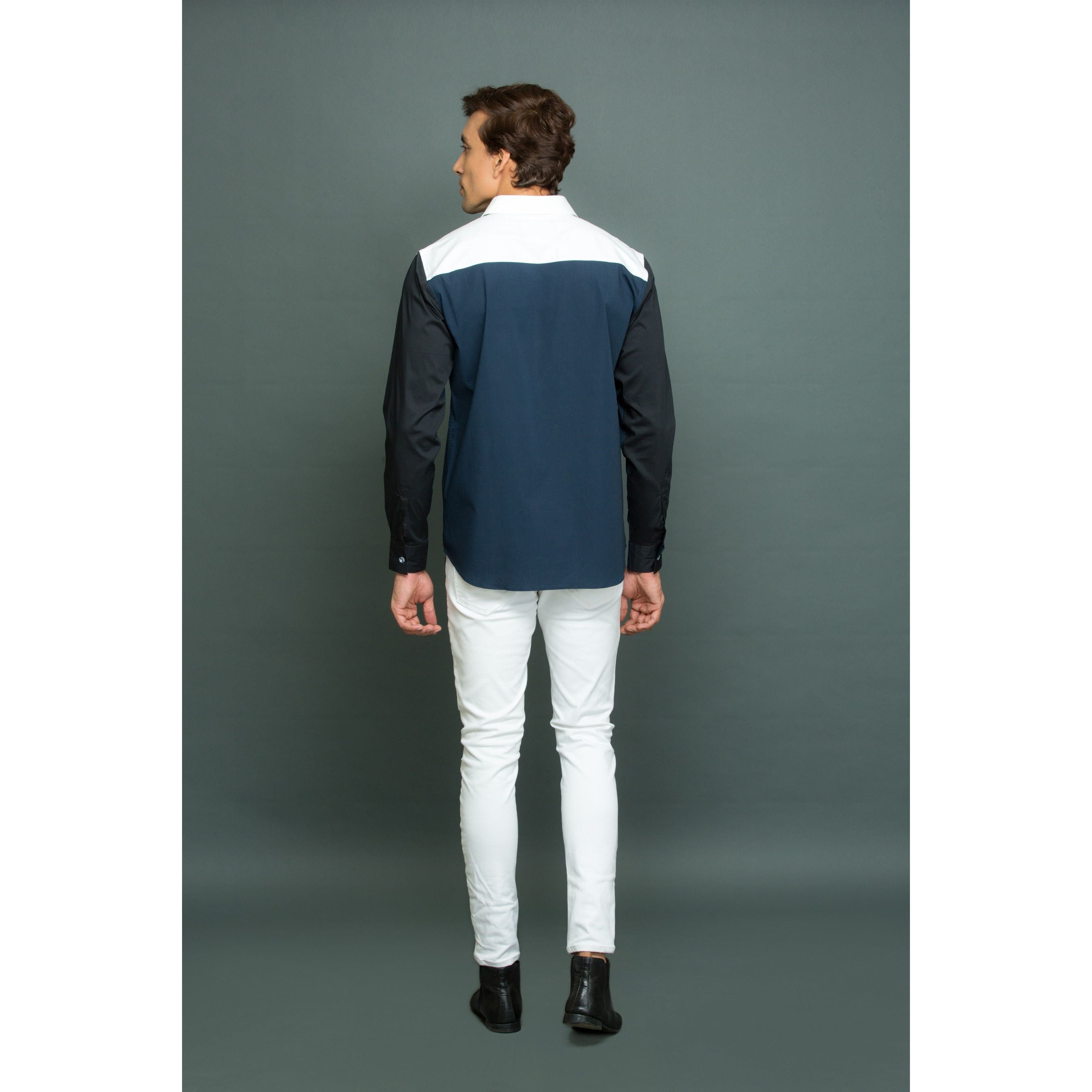 White Blue Black patch work shirt.