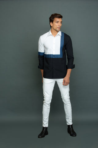 Geometric white black and denim shirt.