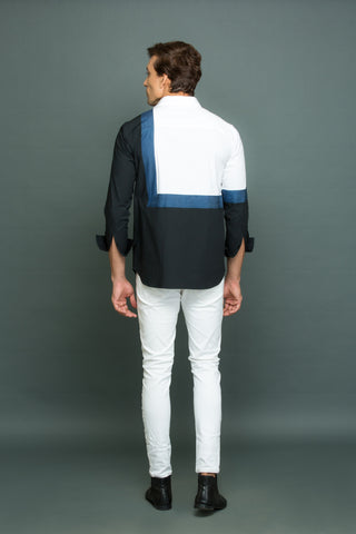 Geometric white black and denim shirt.