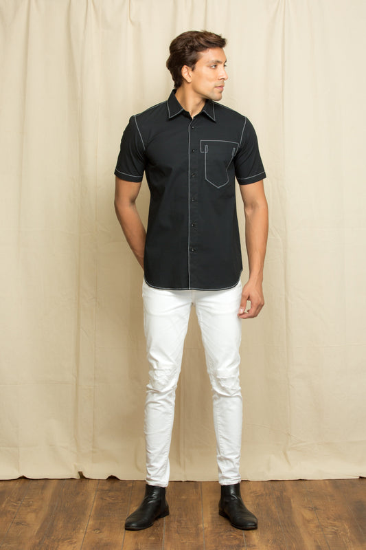 Black half sleeve shirt with contrast white stitch detailing.