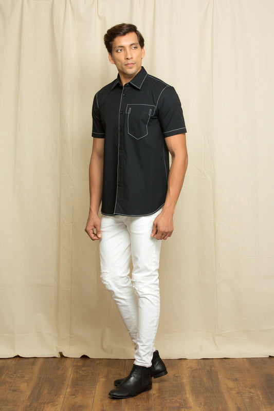 Black half sleeve shirt with contrast white stitch detailing.