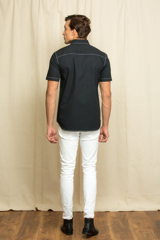 Black half sleeve shirt with contrast white stitch detailing.