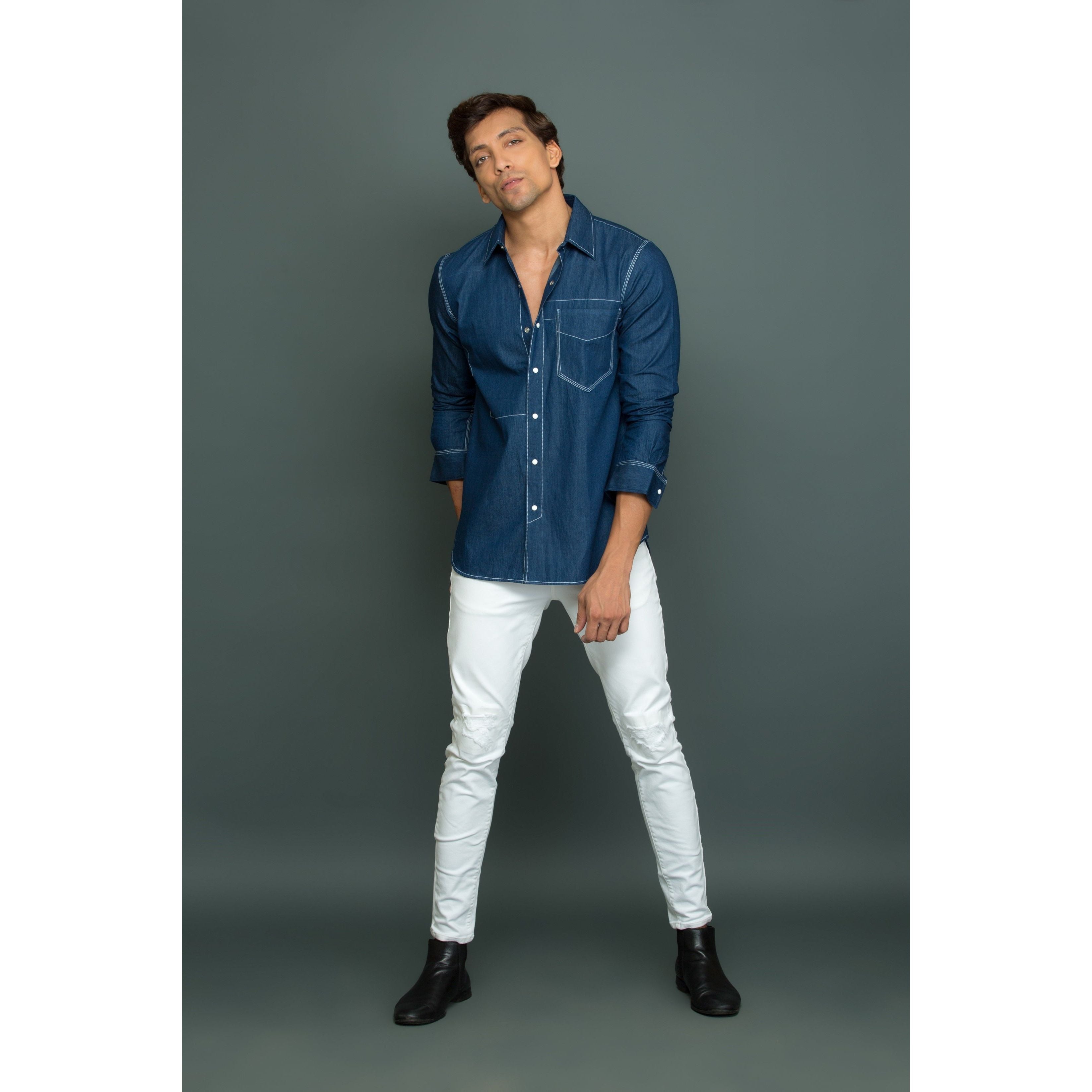 White press button pocket with white stitch detailing