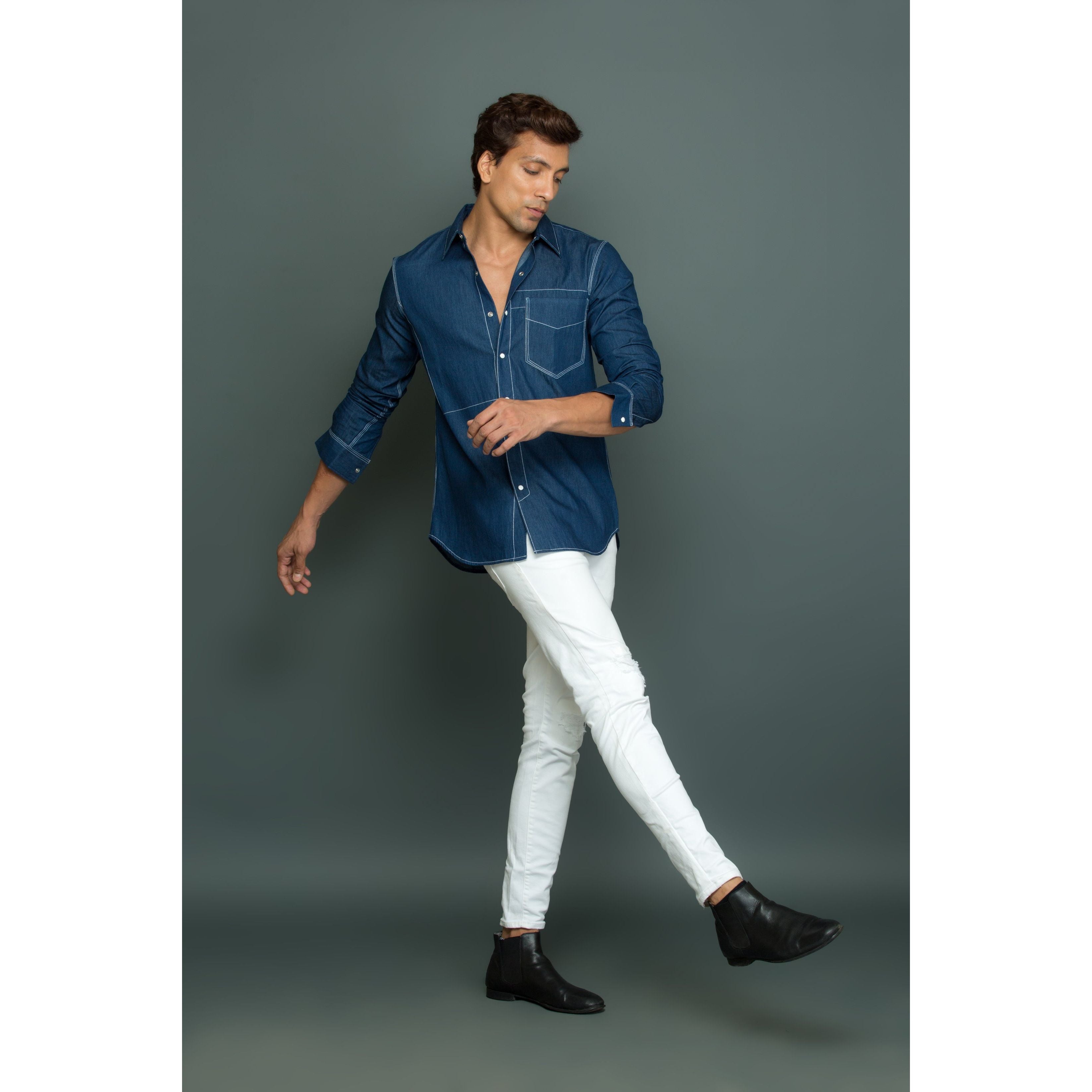 White press button pocket with white stitch detailing