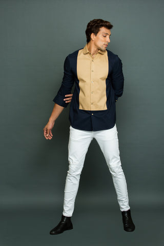 Blue shirt with contrast khaki extended yoke.