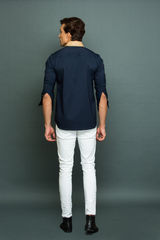 Blue shirt with contrast khaki extended yoke.