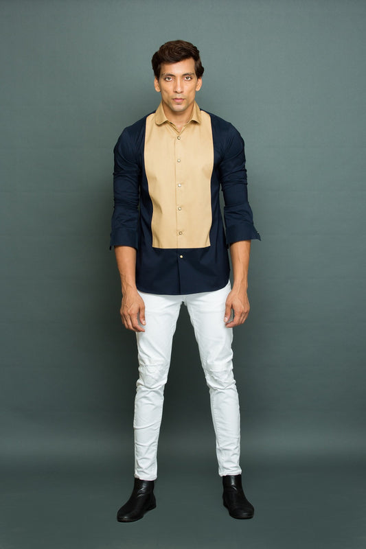 Blue shirt with contrast khaki extended yoke.