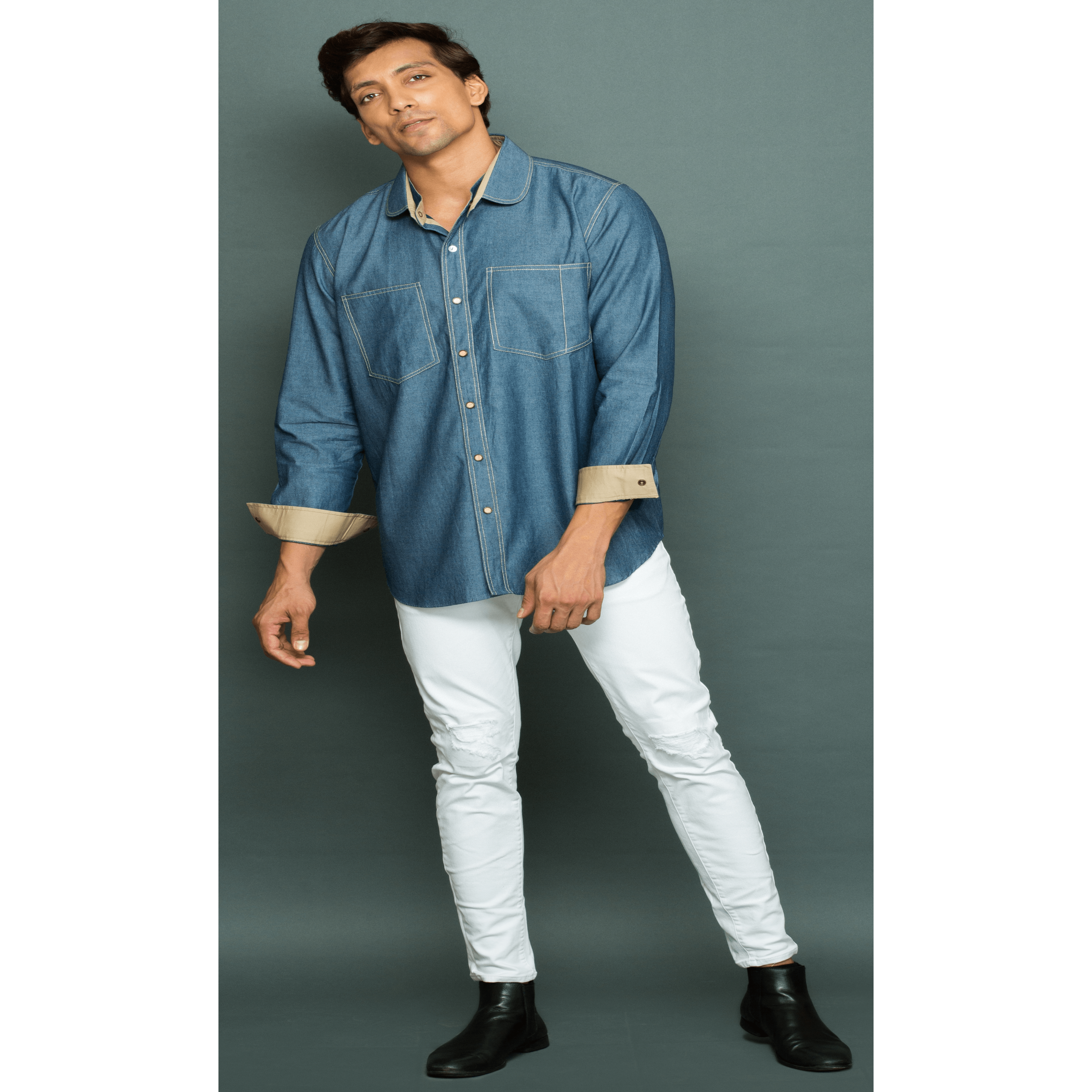 Denim Shirt with khaki detailing and twin collar.