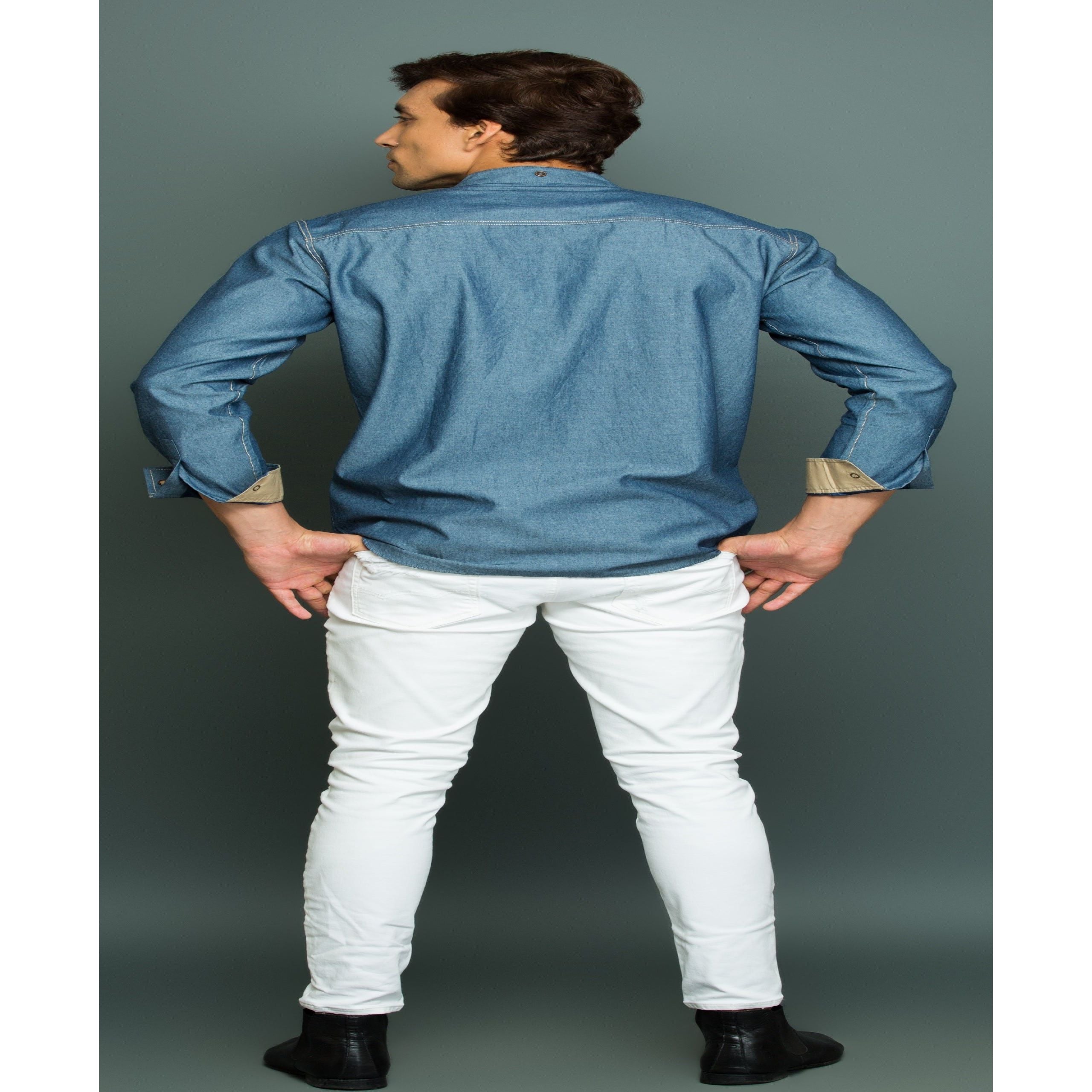 Denim Shirt with khaki detailing and twin collar.