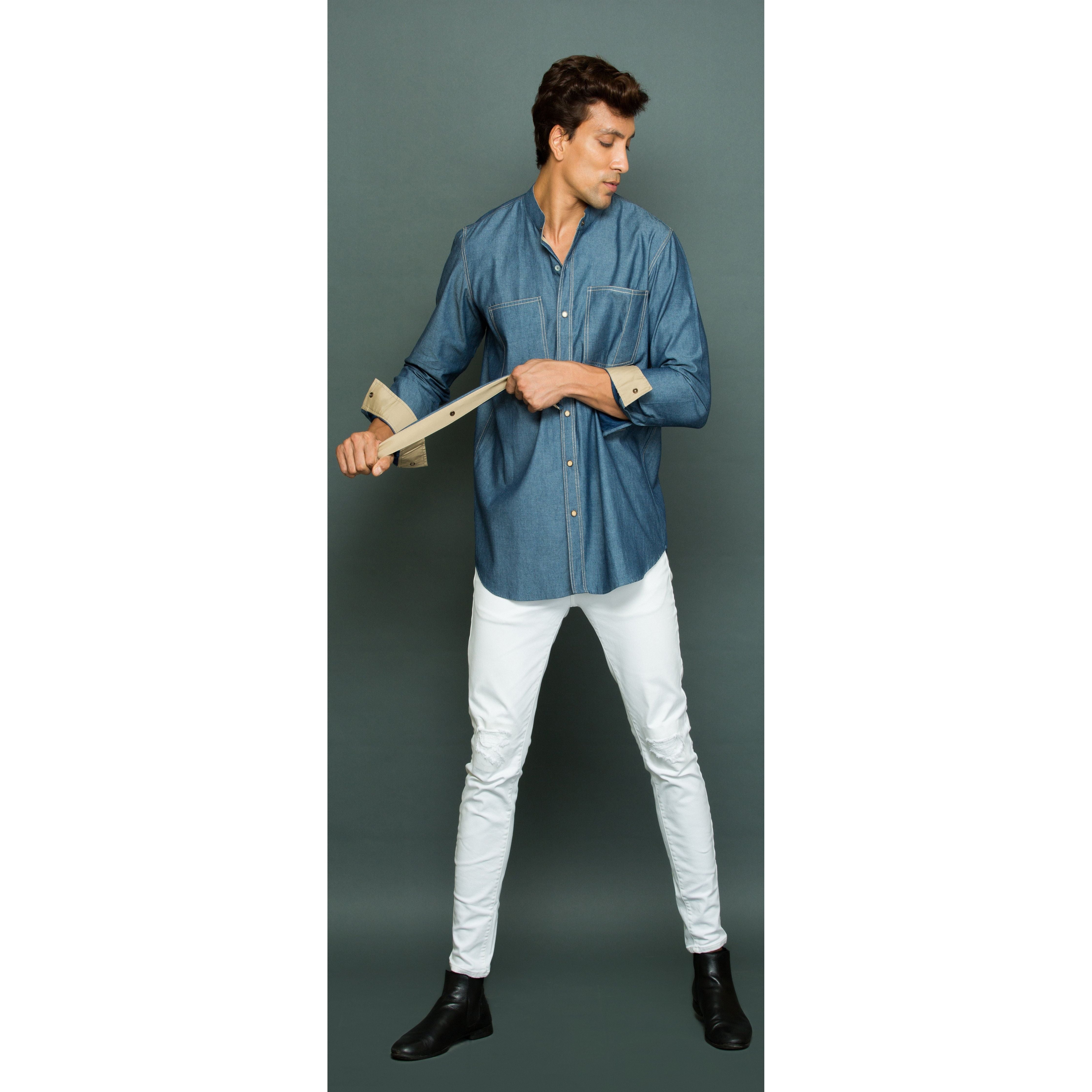 Denim Shirt with khaki detailing and twin collar.