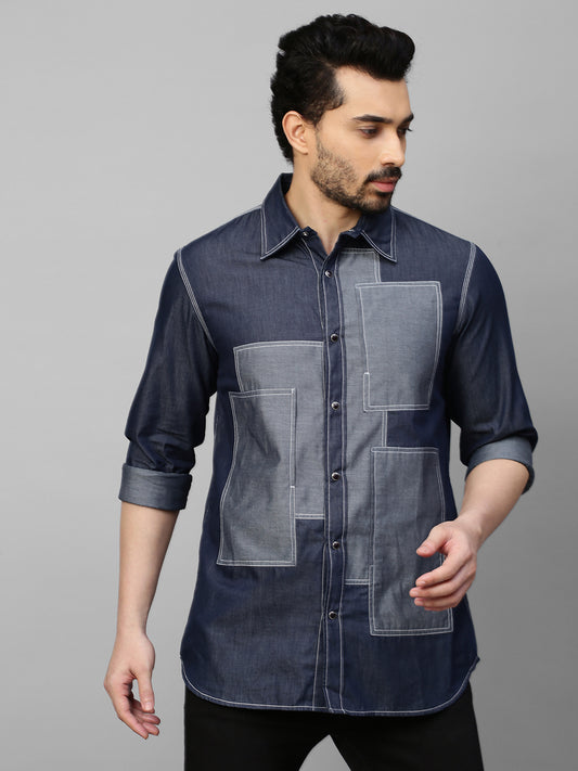 Blue Denim shirt with light denim patch work detailing.