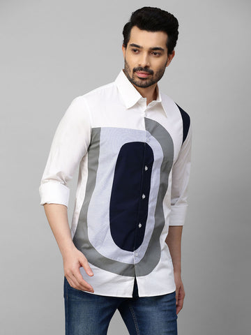 White shirt with color block patch detailing.